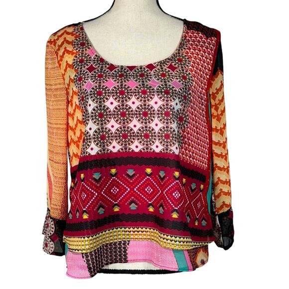 Patrons of Peace Large Top 3/4 Bell Sleeve Layered Round Neck Geometric Boho - Picture 1 of 10